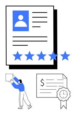 Profil resmi ve beş yıldızlı R toplamı, insan kaldırma tablosu, dolar işareti ve saat simgesi olan sertifika. İş başvuruları için ideal, performans değerlendirmeleri, başarılar, profesyonel