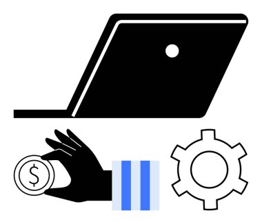 Laptop, ödeme ya da yatırımı sembolize eden madeni para ve yenilik sürecini ya da teçhizatı simgeleyen vites. Finans, teknoloji, iş büyümesi, yenilik, otomasyon, e-ticaret takım çalışması için ideal