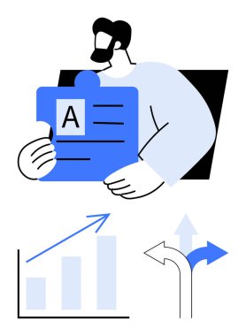 Adamın elinde A işaretli bir yapboz parçası var. Üzerinde büyüme çizelgesi ve farklı oklar var. İş stratejisi için ideal, karar verme, planlama, problem çözme, büyüme, liderlik, kariyer yolları. Düz basit