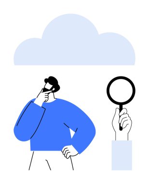 Üzerinde bulut olan düşünceli bir insan ve bir el tarafından tutulan bir büyüteçle. Araştırma, analiz, problem çözme, karar verme, yenilik, beyin fırtınası, merak, düz