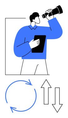 Mavi gömlekli bir erkek tablet tutuyor, teleskoptan bakıyor. Yuvarlak oklar ve aşağı ve yukarı yönlü oklar keşfi, karar vermeyi ya da ilerlemeyi temsil eder. İş için ideal