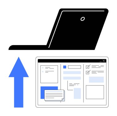 Mavi yukarı ok, arayüz tasarım elementleri ve veri kutularıyla minimalist dizüstü bilgisayar. Veri yönetimi, bulut depolama, yükleme, teknoloji, organizasyon verimliliği yeniliği için ideal. Düz basit