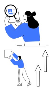 Kadın, büyütülmüş bir profili inceliyor, erkek, ilerlemeyi, başarıyı ve keşfi temsil eden yükselen oklarla bir tahtayı sunuyor. İşe alım, analiz, araştırma, büyüme ve eğitim için ideal