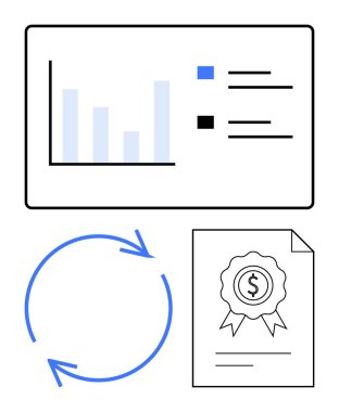 Bar çizelgesi analizi, işlem akışı için döngüsel oklar ve finansal rozetli belgeler. Veri incelemesi, iş akışı, finans, strateji, sertifika, performans takibi için ideal düz metafor