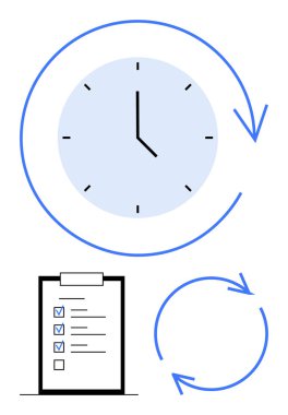 Saat yönünde okla çevrili saat, işaretli liste, dairesel ok. Zaman yönetimi, üretkenlik, organizasyon, iş akışı optimizasyonu, planlama, görev öncelikleri için ideal