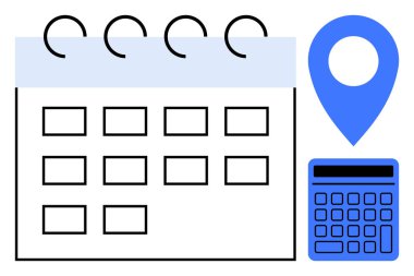 Spiral bağlayıcı, mavi konum işaretleyici ve hesap makinesi ile takvim planlama, planlama, lojistik, bütçe ve organizasyonu temsil eder. Zaman yönetimi ve verimlilik seyahat planı için ideal