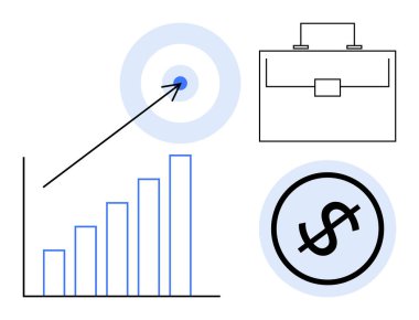 Çizelge yükseliyor, ok hedefi vuruyor evrak çantası ve finans, kariyer ve başarıyı birbirine bağlayan dolar işareti. Strateji, pazarlama ve planlama için ideal kariyer gelişimi hedefi