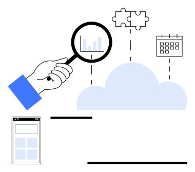 Yapboz parçası, takvim ve mobil arayüzle bulut üzerinde el ele tutuşan büyüteç veri analizi, entegrasyon ve organizasyonu temsil ediyor. Teknoloji ve verimlilik için ideal