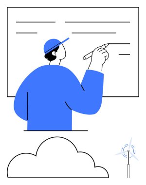 Bilgi paylaşımını sembolize eden mavi şapkalı beyaz tahtaya yazı yazan adam. Rüzgar türbini ve bulut sürdürülebilirliği ve ekolojik yeniliği vurguluyor. Eğitim, takım çalışması, strateji ve yenilenebilir enerji için ideal