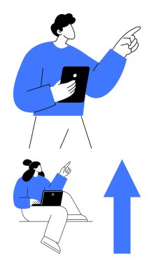 Tabletli bir adam ve kadın dizüstü bilgisayar kullanarak fikirleri tartışırken yukarı bakan mavi bir ok ilerlemeyi simgeler. Takım çalışması, analiz, yenilik, liderlik, rehberlik, büyüme ve başarı için ideal. Düz basit