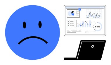 Dizüstü bilgisayarın yanında grafik, grafik ve performans verilerini gösteren üzgün bir surat. Dijital arıza, performans sorunları, kullanıcı hüsranı, analitik, çevrimiçi iş ve teknoloji düşüşü için ideal