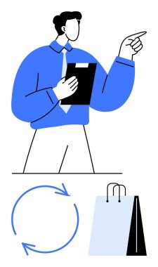 Pano ve ileriye dönük jestli iş adamı, geri dönüşüm döngüsü ve alışveriş çantası kavramları. İş stratejisi, sürdürülebilirlik, perakende, çevre bilinci, karar verme, ticaret için ideal