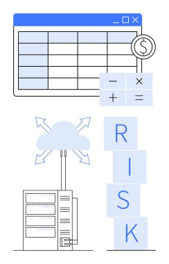 Veri analizi için hesap tablosu, hesap makinesi ve finansal simge, sunucu ile bulut hesaplaması, yazım riskini engeller. Finans, veri, bulut teknolojisi, risk yönetimi yeniliği ve soyut çizgi için ideal