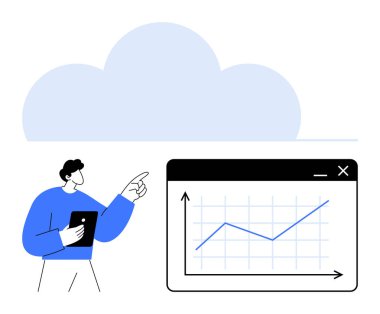 Elinde tablet tutan kişi, yükselen eğilimleri gösteren bir tabloya bakıyor. Veri analizi, bulut teknolojisi, büyüme stratejisi, iş performans izleme, analitik, dijital trendler, düz basit
