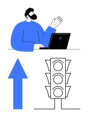 VR kulaklıklı dizüstü bilgisayar kullanan kişi gelişmeyi simgeleyen yukarı doğru ok ve karar vermeyi temsil eden trafik ışığı kullanıyor. Teknoloji için ideal, uzaktan çalışma, ilerleme, sanal gerçeklik