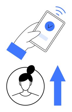 Onay işaretli akıllı telefon, yukarı doğru ok ve gelişmeyi, kullanıcı doğrulamasını ve dijital etkileşimi simgeleyen kullanıcı avatarı. Kullanıcı kimlik denetimi, başarı, büyüme için ideal
