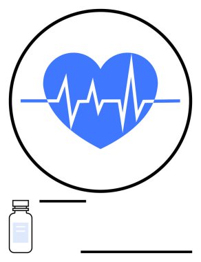 Mavi kalp ve çemberin içinde ECG çizgisi, bir ilaç şişesinin yanında, sağlık ve refahı iletiyor. Tıbbi bakım, hastaneler, teşhisler, kalp sağlığı, tedavi planları, ilaçlar için ideal