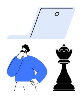 Satranç taşı, dizüstü bilgisayar ve düşünen kişi karar verme mekanizmasını, analizi, stratejiyi, liderliği, çözümleri, teknolojiyi ve eleştirel düşünceyi temsil eder. Liderlik metaforları için ideal.