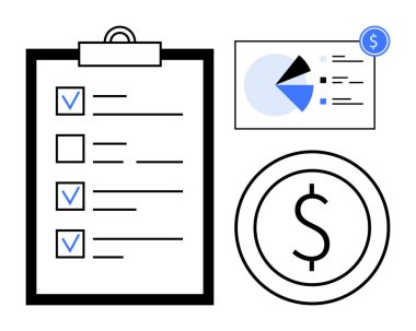 Tamamlanmış görevleri olan pano kontrol listesi, finansal verileri gösteren pasta tablosu ve dolar sembolü. Planlama, finans, bütçe, analitik, organizasyon iş verimliliği kavramları için idealdir. Düz