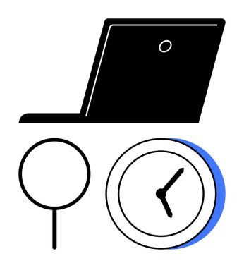 Büyüteç ve saatin yanında dizüstü bilgisayar silueti analiz, odaklanma ve görev önceliklerini ön plana çıkarıyor. Üretkenlik, zaman yönetimi, verimlilik planlaması, araştırma ve teslim tarihleri için ideal