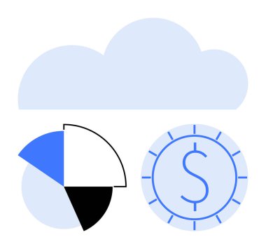 Pasta grafiği ve dolar para ile bulut veriyi, finansmanı ve bulut teknolojisini sembolize ediyor. Analiz, yenilik, finans, bulut hesaplama, dijital yönetim ekonomik büyüme yatırımları için idealdir. A
