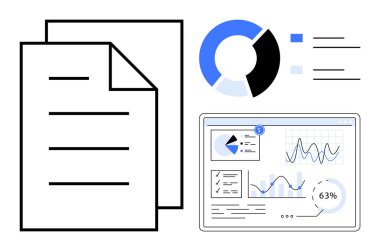 Belgeler, pasta grafikleri ve grafikli modern gösterge paneli veri analizi, raporlama ve sezgileri temsil ediyor. İş, araştırma, analitik, finans eğitimi proje yönetimi için ideal