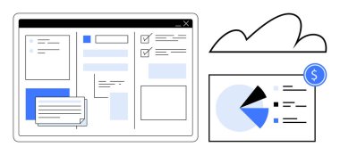 Gösterge paneli görevleri, kontrol listeleri, mesaj arayüzü ve bulut simgesinin yanında bir pasta grafiği. Üretkenlik, takım çalışması, uzaktan çalışma, organizasyon, bulut çözümleri veri içgörüsü için ideal