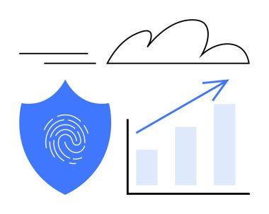 Parmak izli mavi kalkan, yukarı doğru grafik oku ve bulut çizgisi sanatı. Siber güvenlik, veri yönetimi, bulut hesaplama, çevrimiçi büyüme, teknoloji güvenliği, iş ilerlemesi için ideal basit