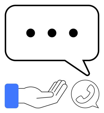 Üç noktalı sohbet balonu, açık el desteği ve telefon çağrısı sembolü. İletişim, yardım, bağlantı, yardım, müşteri hizmetleri ağ işbirliği için idealdir. Düz basit