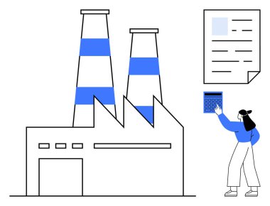 Bacalı fabrika binası, bir cihaz üzerinde çalışan işçi ve analizi temsil eden belgeler. Endüstri, üretim, yönetim, veri işleme, muhasebe işi raporlama için ideal. Düz