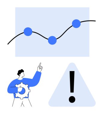Yükselen noktaların grafiği, üçgen alarm sembolü ve vites jesti çözeltisi tutan kişi. Büyüme analizi, risk, karar verme, problem çözme, strateji, yenilik için ideal basit