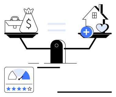 İş ve parayı ev ve kalple dengelemek, eşitlik işareti arasında. Üsdeki yıldızları ölçün ve değerlendirin. Denge, finans, öncelikler, değer biçme, gayrimenkul, yatırım eşitliği için ideal