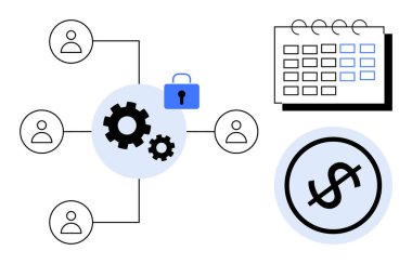 Kullanıcıları bağlayan şanzıman diyagramı, güvenlik için asma kilit, zaman çizelgesi için takvim ve finans için dolar işareti. Takım çalışması, güvenlik, zamanlama, işbirliği ve yönetim için ideal