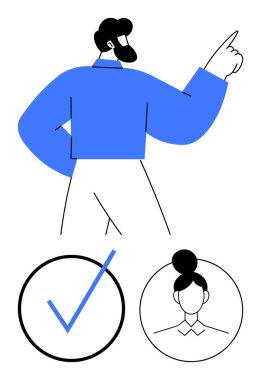 Yukarıyı gösteren erkek figürü, çemberdeki büyük işaretler ve kadın kullanıcı profili. Konseptler için ideal liderlik, onaylama, onay, rehberlik, başarılar, geri bildirim özgüven