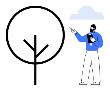 İş adamı elinde bir panoyla asgari ağaç diyagramını işaret ediyor. Arka planda mavi bulut. Sürdürülebilirlik, planlama, analiz, büyüme, eğitim, beyin fırtınası için ideal basit