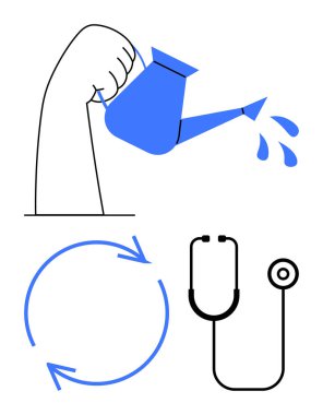 Kollar su dolu, yuvarlak oklar yenilenmeyi simgeliyor ve steteskop da sağlık için. Büyüme, bakım, sağlık, sürdürülebilirlik, refah dengesi desteği için idealdir. Düz basit