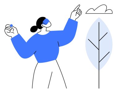 Mavi jestli bir kadın soyut bir bulutta, küçük bir topu şekillendirilmiş mavi bir ağacın yanında tutuyor. Yenilik, yaratıcılık, sürdürülebilirlik, çevre, hayal gücü, büyüme arzusu için idealdir. Düz basit