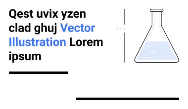 Laboratuvar matarası, yer tutucu metin ve asgari satırların yanında sıvıyla dolu. Bilim, eğitim, kimya, deneyler, yenilik, araştırma, laboratuvarlar ve basit iniş sayfası için ideal