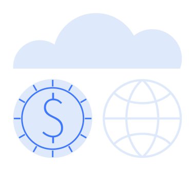 Dolar üzerinden bulut ve küre dijital finansı, küresel bağlantıyı ve bulut hesaplamasını temsil ediyor. Fintech, veri transferi, küreselleşme, e-ticaret, kripto para birimi, finansal