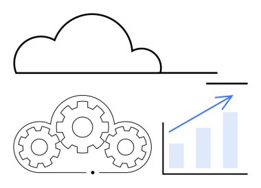 Birbirine bağlı dişlilerin üstündeki bulut, yukarı doğru ok ile yan yana duran çizgi, verimliliği, bulut teknolojisini ve yeniliği gösterir. Teknoloji, analitik, iş, üretkenlik, büyüme için ideal