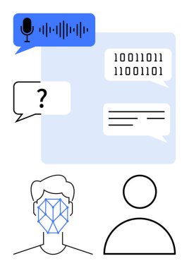 Dalga biçimli konuşma balonu, ikili kod, yüz tanıma, soyut şekilli sohbet robotu tasviri. Yapay zeka, ses teknolojisi, veri iletişimi, biyometri, doğal dil için ideal