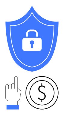 Güvenliği simgeleyen asma kilit, etkileşimi simgeleyen el ve finansal güvenliği vurgulayan madeni para kalkanı. Veri koruması, çevrimiçi bankacılık, siber güvenlik, e-ticaret, mahremiyet, güvenlik için ideal