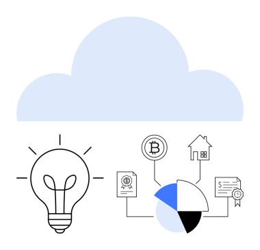 Ampul fikirleri temsil eder. Bulut finans, veri analizi, mülkiyet ve sertifikayı pasta grafiği ile birbirine bağlar. Teknoloji, yenilik, finans, analitik bulut depolama gayrimenkulleri için ideal