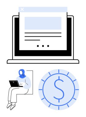 İnternet arayüzünü vurgulayan dizüstü bilgisayar, dizüstü bilgisayarda çalışan kadın, finansal fırsatları sembolize eden dolar para. Eğitim, uzaktan çalışma, finans, e-ticaret, üretkenlik ve girişimcilik için ideal