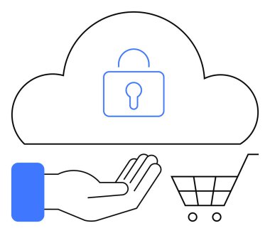 Kilitli bulut güvenliği temsil ediyor, açık el güveni sembolize ediyor alışveriş arabası çevrimiçi işlemleri yansıtıyor. Bulut güvenliği, e-ticaret, veri güvenliği, mahremiyet, güven ve dijital iş için ideal