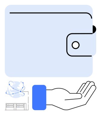 Küresel bağlantı ve sunucu simgelerine sahip bir cüzdanın altında açık el hareketi. Finans, dijital ödemeler, küresel işlemler, güvenlik, e-ticaret, ağ, teknoloji, daire sade