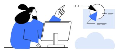 Mavili kadın bilgisayarın başında oturmuş veri analizi ve içgörülerini gösteriyor. Analiz, takım çalışması, eğitim, eğitim, iletişim, strateji ve karar verme için ideal