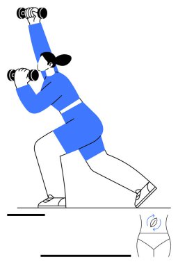 Ağırlıklı hamleler yapan bir kadın, vücut dengesi, zindelik ve dayanıklılığı vurguluyor. Egzersiz için ideal, sağlık, kendine bakım, sağlıklı spor vücut pozitifliği fizyoterapisi. Düz basit