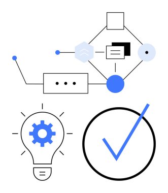 Birbirine bağlı şekillerin diyagramı, teçhizatlı ampuller ve kontrol işareti. Yenilik için ideal, iş akışı optimizasyonu, geliştirme, problem çözme, karar verme onaylama planı. Düz basit