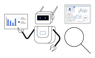 Robot veri tablosu, dijital torpido gözü ve veri analizi, yapay zeka ve araştırma yapan büyüteç tutuyor. Teknoloji, yenilik, bilim ve öğrenme otomasyonu için idealdir.